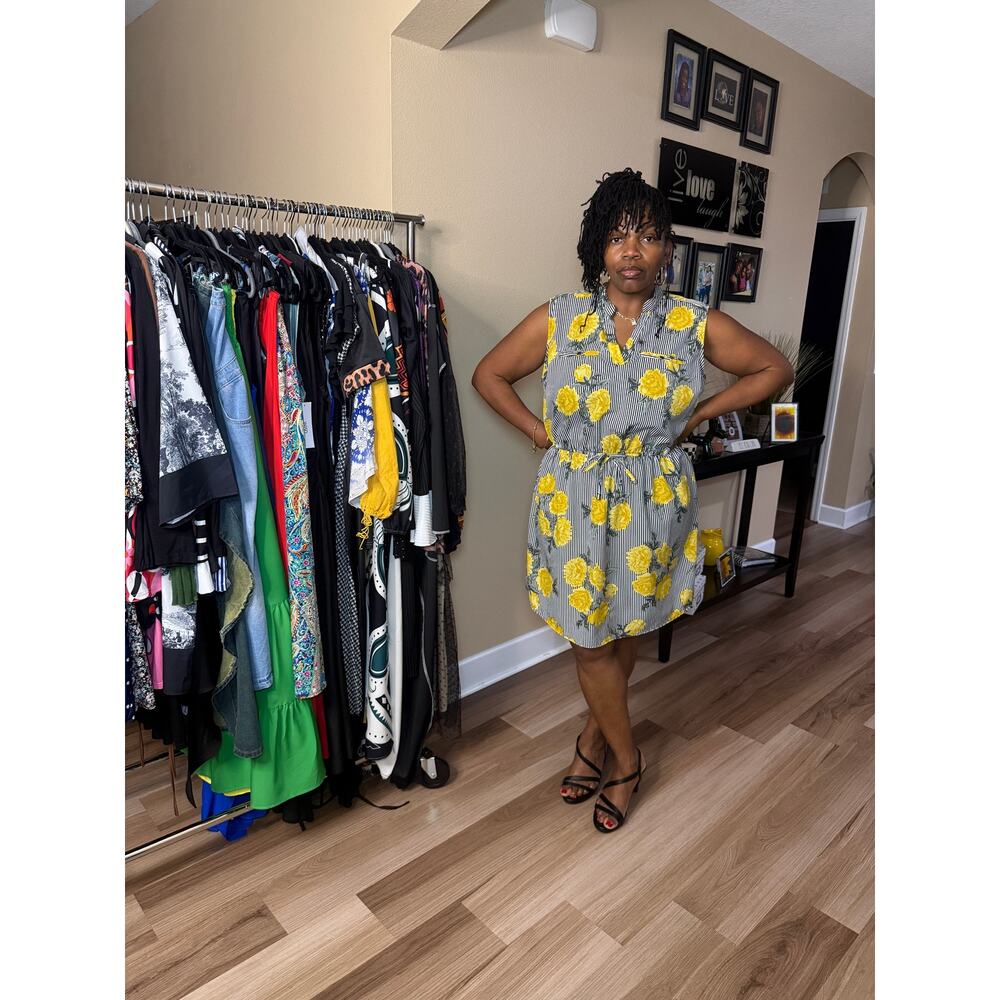 BLUSH Sleeveless Black and White Striped Dress with Yellow Flowers Size 1X